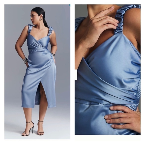 NWT ANTHROPOLOGIE Ruched Sweetheart Neckline Cocktail Midi Dress Blue XS - Picture 1 of 13